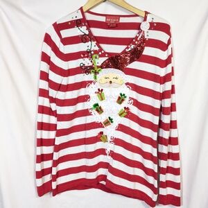 Women's Jack B Quick V-neck Striped Santa Christmas Sweater Embellished Beaded M